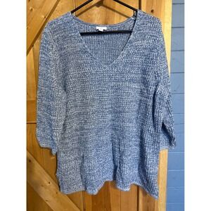 J Jill Blue White Marled Knit V Neck 3/4 Sleeve Pullover Sweater Top  L